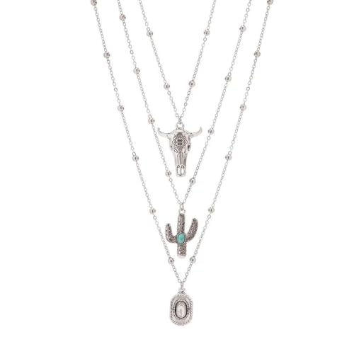 FFLaiwah Western Turquoise Layered Necklaces Cactus Cowboy Hat Silver Chain by FFLaiwah - Used condition - US$6.51