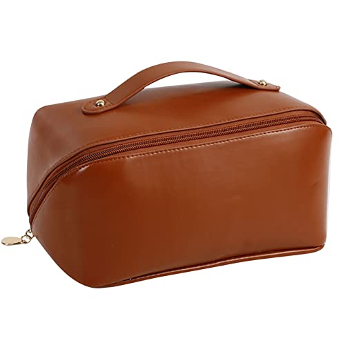 gudong Grande capacité trousse de maquillage pour femme, trousse de culture multifonction, sac de maquillage portable en cuir, marron, Simple Cover