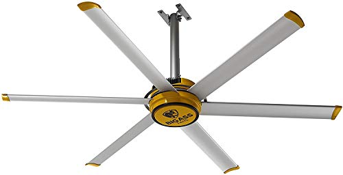 Image of Big Ass Fans E-Series 7 ft Industrial 6 Blade Ceiling Fan Gearless Direct Drive Motor, High Volume Low Speed, Wired Wall Controller, 110-125V /1ph - Silver /Yellow