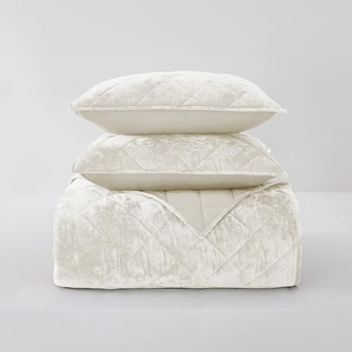 SHALALA Luxury Velvet Quilt Set Queen Size,Ultra Soft Lightweight Summer Velvet Comforter Set, Oversized Bedspread Coverlet with 2 Shams Diamond Pattern,for All Season(Beige,Queen/Full)