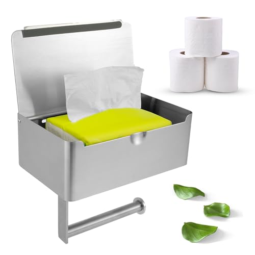 Toilet Roll Holder with Shelf, Stainless Steel Toilet Paper Roll Holder with Storage Box Wall Mount Toilet Paper Holder Wipes Dispenser Practical Tissue Storage for WC Bathroom Washroom Kitchen