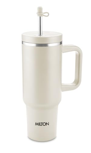 Image of Milton My Tumbler 1200 Thermosteel Double Wall Vacuum Insulated Stainless Steel Tumbler with Handle 1100ml,Leak Proof Travel Mug with Straw,Silicon Cap Cleaning Brush, Hot & Cold Beverage Flask, Ivory