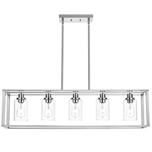 VINLUZ 5 Light Industrial Modern Dining Room Chandelier in Brushed Nickel Finish with Clear Glass Shade Classic Pendant Island Lighting Fixture for Living Room Bedroom