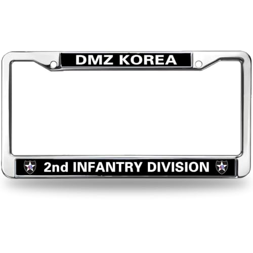 Image of DMZ Korea 2nd Infantry Division License Plate Frame Metal Auto Tag Holder | US Army 3rd Infantry Division License Plate Frame Chrome Metal Car Tag Cover Fit Standard US Auto Trucks Exterior Hardware
