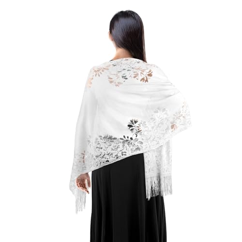 Etole Femme Chic Mariage,Chale Mariage,Étole Femme Chic – Châle De Mariage En Dentelle Florale Avec Pompons, Châles Légers Pour Robe De Soirée, Foulard Élégant Pour Cérémonie & Anniversaire（Blanc）