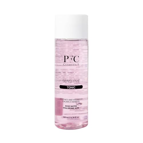 PFC Tónico Facial Pieles Sensibles Rosaceas. 200ml. Poderoso Calmante. Suaviza y Refresca. Agua de Rosas y Acido Hialurónico. Hidratante. Antiedad. Mantiene el Ph de la Piel