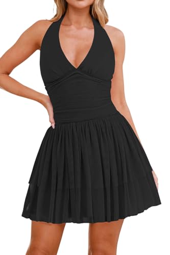 LCNBA Women's Halter V Neck Ruffled Hem Mesh Dress Ruched Flowy Mini Dress3