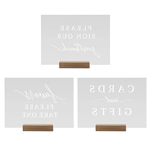 Hanna Roberts Set of 3 Wedding Reception, Ceremony, Party, Table Decoration Signs with Holder | Favors Please Take One | Please Sign Our Guestbook | Cards and Gifts (Clear, Walnut)