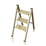 flygeneral 3 Step Ladder, Gold Aluminum Folding Ladder Stool, Wider Upgraded Non-Slip Treads, Portab