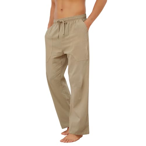 Puimentiua Cotton Linen Pants Men Casual Loose Fit Elastic Drawstring Waist Summer Beach Pants4
