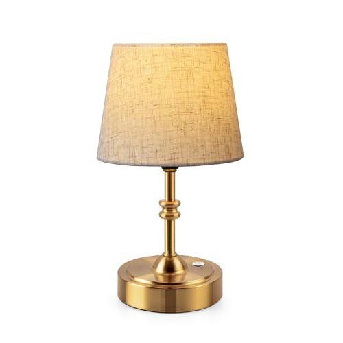 ONEWISH Small Cordless Lamp, Battery Operated Table lamp Dimmable, 4000mAh Rechargeable, Touch Bedside Lamp with Beige Linen Fabric Shade, 2700K Bulb Included, for Dining, Patio, Bathroom(Gold)