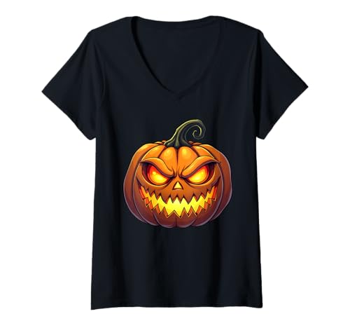 Mujer Scary Jack O Lantern - Disfraz de calabaza tallada para Halloween Camiseta Cuello V