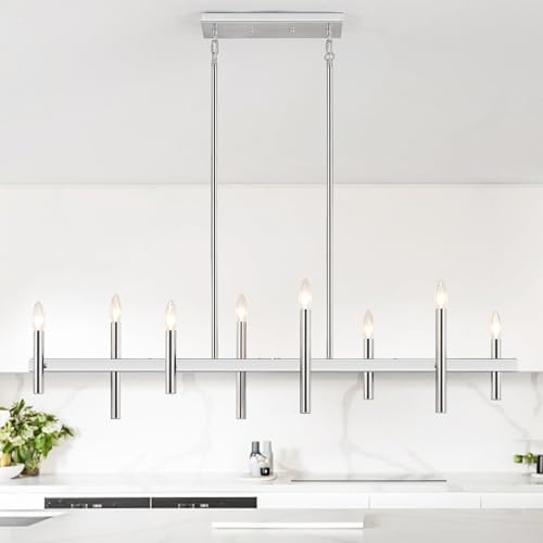 47” Brushed Nickel Chandelier Kitchen Island Lighting 8-Light Modern Pendant Light Fixtures Contemporary Linear Chandeliers for Dining Room Over Table Hanging Light for Living Room Bar Pool Table