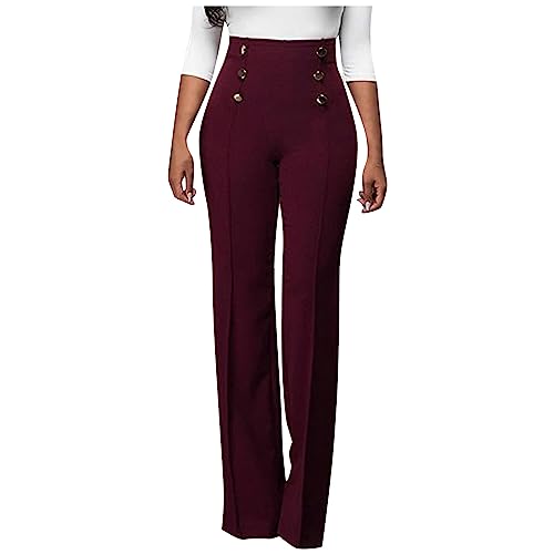 XUNRYAN Women's Business Suit Pants Formal Work Trousers High Waist Casual Button Flare Pants Winter Fall Fashion Outfit Wine