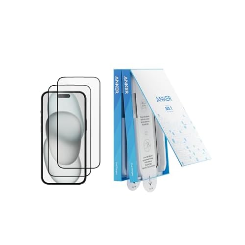 Anker Screen Protector for iPhone 15 Plus, Bubble-and-Dust-Free iPhone HD Tempered Glass, Durable and Drop-Proof with 9H Hardness, Easy Installation Exclusively for iPhone 15 Plus (2-Pack) i