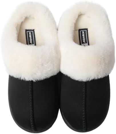 BIISDOST Pluche pantoffels voor dames, warme slip-on huisschoenen, comfortabele platte klompen, comfortabel paar pantoffels, warme vilten pantoffels, winterpantoffels, fluffy platte zachte pantoffels