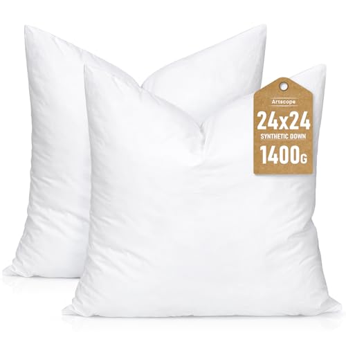 Artscope Synthetic Down Pillow Insert, 24x24 Down Alternative Throw Pillow Insert. Ultra Soft Fluffy Sleeping Pillow with 100% Cotton Cover, Decorative Pillows Set of 2-White.