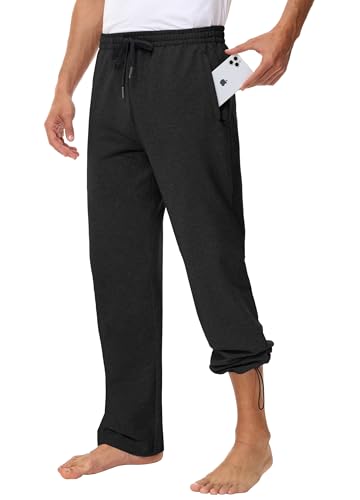Men's 30" 34" 36" Cotton Yoga Sweatpants - Athletic Casual Lounge Open Bottom Straight Leg Loose Pants Zipper Pockets