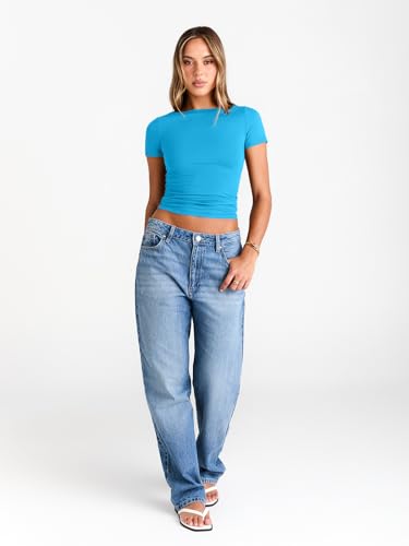 Image of Trendy Queen Womens Boat Neck Tops Short Sleeve Shirts | Compression Basic Tops,Y2K Aesthetic Slim Fit,Professional Business Casual, Polished Teacher Outfits