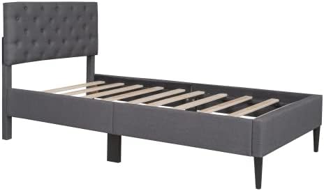 Miniatura 28 de Marco de cama de plataforma de tamaño individual, marco de cama tapizado de lino de diseño moderno con cabecera copetuda, cama de almacenamiento,