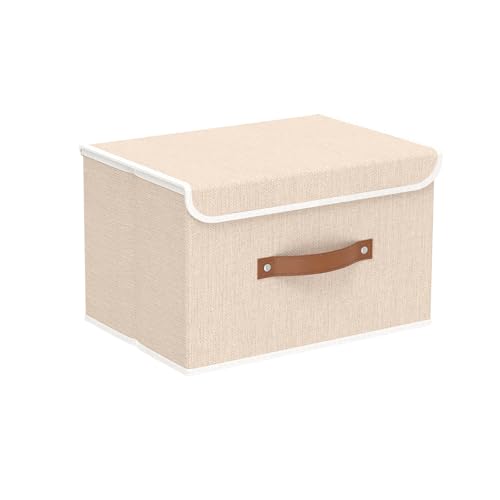 Yawinhe Collapsible Storage Boxes, Stackable Linen Fabric Baskets, Bin with lid and Leather Handle, Washable, for Home, Closet, Beige, 10.2x7.9x6.7 In, 1-Pack, SNK024BEN-1