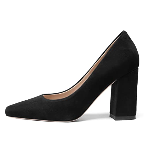 FOGEENA Womens Square Toe Suede Leather Dress Slip On Wedding Block High Heel Pumps Shoes 3.34 Inch2