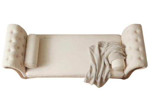 Image of Victorian Style Chaise Lounge, Tufted Cream Upholstery, Mahogany Wood Frame, Classic Living Room Furniture (Off White)