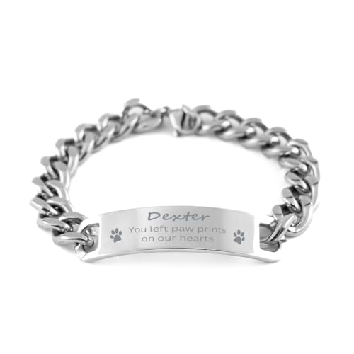 Dexter You Left Paw Prints On Our Hearts Cuban Chain Stainless Steel Bracelet - Loss of Pet Remembrance ID Plate Bracelet Dog Cat Pet Paw Pet Lover Memorial Gifts For Men Women, Engraved Adjustab