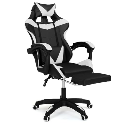 IDMarket - Fauteuil de Gaming Alex réglable avec Repose-Pied, Coussin de tête et Coussin Lombaire Noir et Blanc