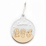 Ideas CAÓTICAS | Adorno Navideño Personalizado con Nombre | Bola de 11 cm Acrílico Transparente y Madera | Diseño Exclusivo Reyes Magos. Fabricado en España