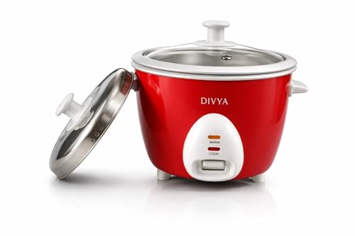 Image of DIVYA 1.0 L Drum Electric Rice Cooker for Home | 400 W | Double Pot Anodised Aluminium | Glass & Stainless Steel Lid | Cook & Keep Warm Function | Compact Rice Cooker | Red