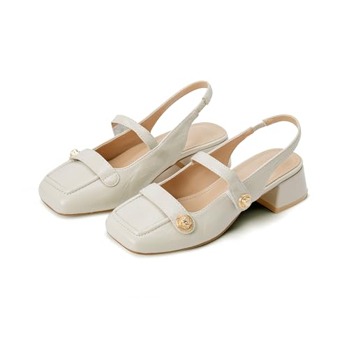 Image of Slingback Mary Jane Heels for Women Low Block Heel Closed Square Toe Pump Shoes Heels Classic Daily Office Dressy Shoes