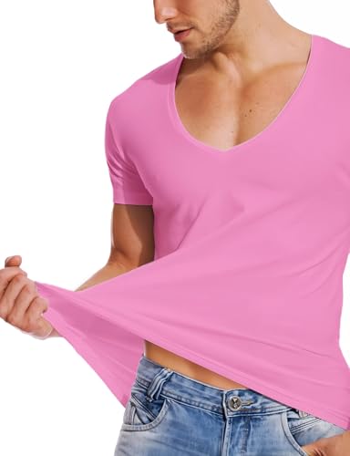 Zbrandy Deep V Neck Shirts Men Vneck Tshirt Low Cut Undershirts Slim Fit Short Sleeve Tees Casual Pink S — view 5