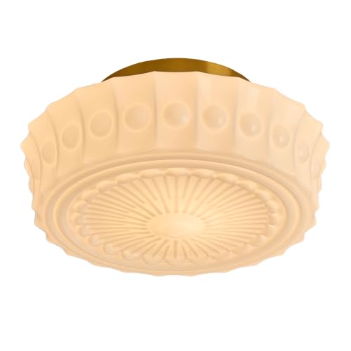 Vintage Milk Glass Flush Mount Ceiling Light, Schoolhouse Ceiling Light Fixture, White Glass Shade with Brass Base, Retro Glass Ceiling Lamp for Kitchen Hallway Bedroom Bathroom, E26 Base