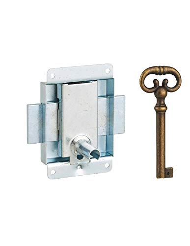 THIRARD - Serrure de Meuble en Applique pour Porte d'Ameublement - Axe 25 mm - 50 x 60 mm - Zingué - 1 Clé Laitonnée Vieillie - Système de Fermeture Efficace