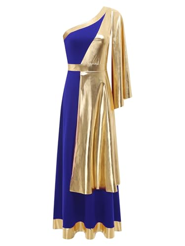 Runhomal Abito Toga In Metallo Lucido Donna Grecia Antica Roma Gioco Di Ruolo Abito Cintura Una Spalla Senza Maniche Abiti Di Halloween Blu reale S