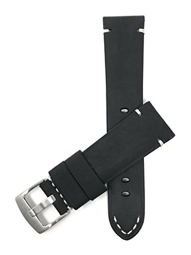 Mens Distressed Leather Watch Band, Stitch, Replacement Strap Black 24mm