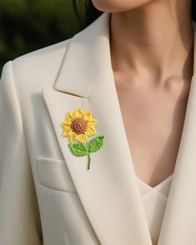 Image of Crochet Sunflower Flower Brooch Pin for Men and Women Fashion, Knitted Flowers Sunflower Handmade Crochet Gifts,Prom Flowers Corsage and Pocket Wedding Boutonniere for Men
