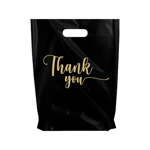 THANK YOU MERCHANDISE STORE BAGS, different sizes 9"x12", 12"x15", 15"x18" 1.25 Mil. PACKS of 100/200/500 Retail Product Bags I 100% Recyclable (200, Black/GoldTY, 9x12")