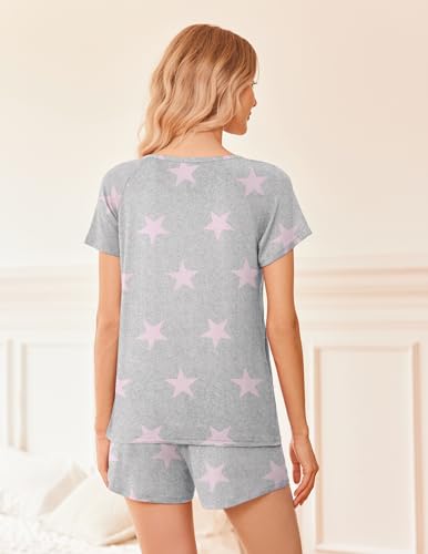 Ekouaer 2 Pack Womens Pajama Sets Short Sleeve Sleepwear Soft Crew Neck Pj Shorts Set Printed Loungewear Set S-XXL4