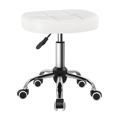BFTOU Tabouret pivotant minimaliste blanc avec roue, parfait pour le travail, le spa, le magasin, le massage, hauteur réglable et économique avec siège...