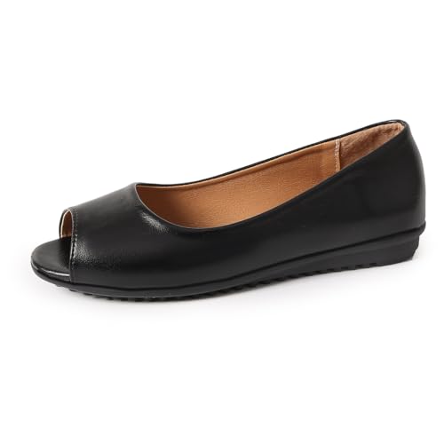 Women's Peep Toe Ballet Flats with Bow, Slip-On Casual Shoes (PU Black, Adult, Women, 9, Numeric, US Footwear Size System, Medium)