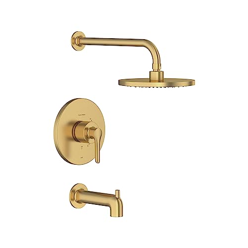 Juego de grifería para bañera y ducha American Standard Studio S con duchador lluvia, cartucho de equilibrio de presión cerámico doble y manija de palanca, acabado dorado cepillado miniatura 1