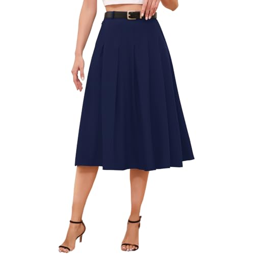 Cromoncent Jupe longue plissée taille haute avec poches pour filles et femmes, bleu marine, Taille M