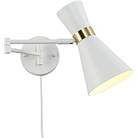 B·LED BARCELONA LED Aplique de Pared Brazo Articulado con Cable Interruptor y Enchufe Lámpara de Lectura Pantalla Blanca Dorada Casquillo E27 para Dormitorio Hotel Cabecera Cama