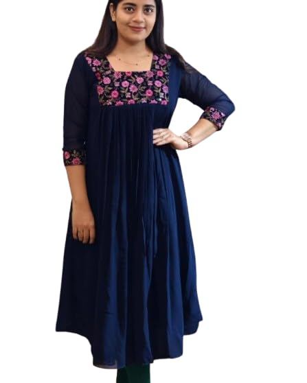 Women's Floral Embroidered Kurti, Square Neck, 3/4 Sleeves, Pleated Anarkali Style, Casual Ethnic Wear-picture-21