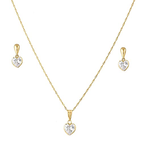 Conjunto Corrente Colar Pingente + Brinco Coração Ouro 18k (Branco)