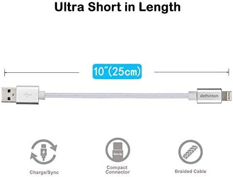 Short charging Cable [5 Pack ] dethinton 25CM Nylon Braided USB Cable Sturdy Charging Cord -Silver