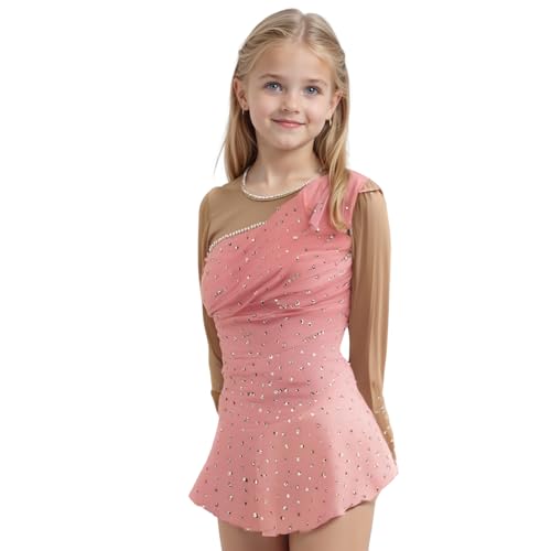 LIUHUO Ice Figure Skating Dress Girls' Long Sleeves Pink Competition Perform Womens Elegant Handmade Crystal