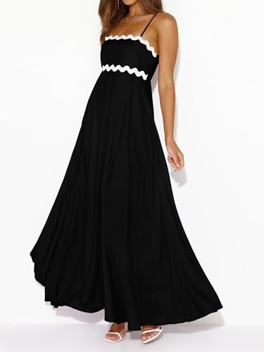 Image of PRETTYGARDEN Women Spaghetti Strap Boho Maxi Dresses Flowy | Sleeveless Smocked Long Dress, Striped Trim Flowy Dress Pockets, Elegant Square Neck Beach Sundress, Casual Summer Outfits